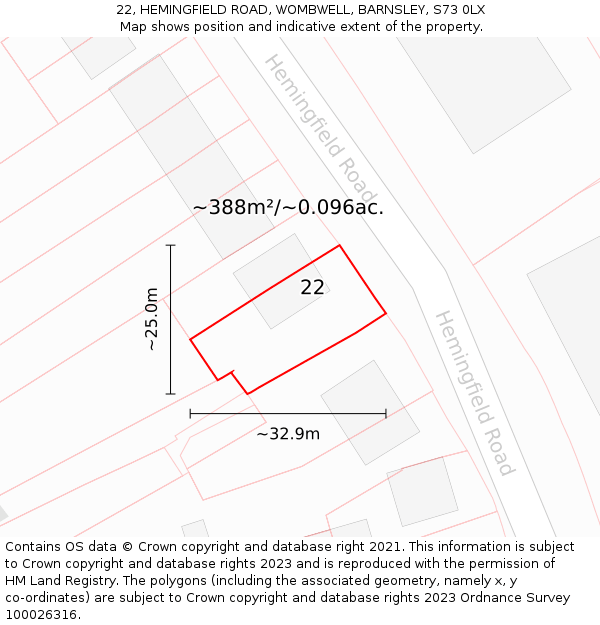 22, HEMINGFIELD ROAD, WOMBWELL, BARNSLEY, S73 0LX: Plot and title map