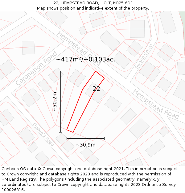 22, HEMPSTEAD ROAD, HOLT, NR25 6DF: Plot and title map