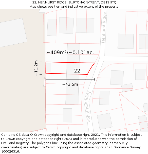 22, HENHURST RIDGE, BURTON-ON-TRENT, DE13 9TQ: Plot and title map