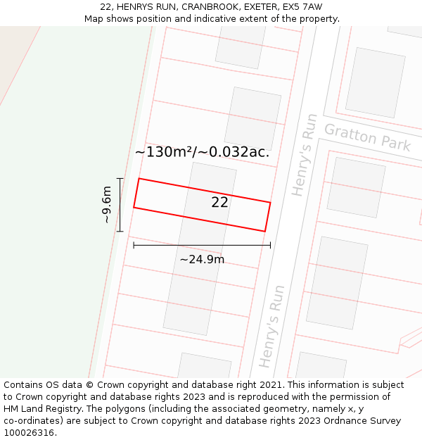 22, HENRYS RUN, CRANBROOK, EXETER, EX5 7AW: Plot and title map