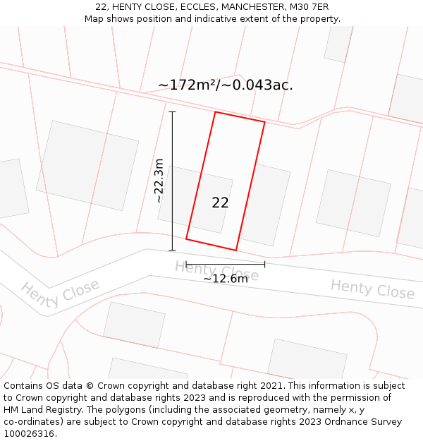 22, HENTY CLOSE, ECCLES, MANCHESTER, M30 7ER: Plot and title map