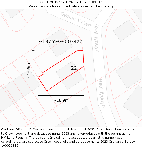 22, HEOL TYDDYN, CAERPHILLY, CF83 1TG: Plot and title map