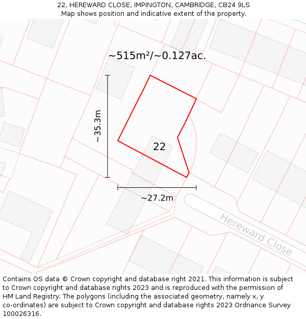 22, HEREWARD CLOSE, IMPINGTON, CAMBRIDGE, CB24 9LS: Plot and title map