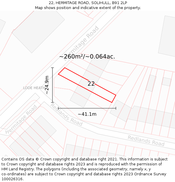 22, HERMITAGE ROAD, SOLIHULL, B91 2LP: Plot and title map