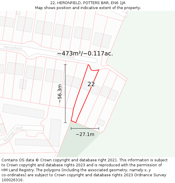 22, HERONFIELD, POTTERS BAR, EN6 1JA: Plot and title map