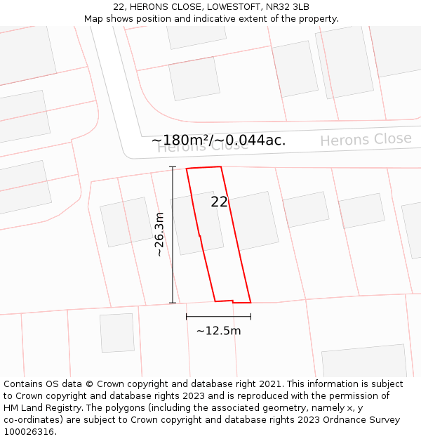 22, HERONS CLOSE, LOWESTOFT, NR32 3LB: Plot and title map
