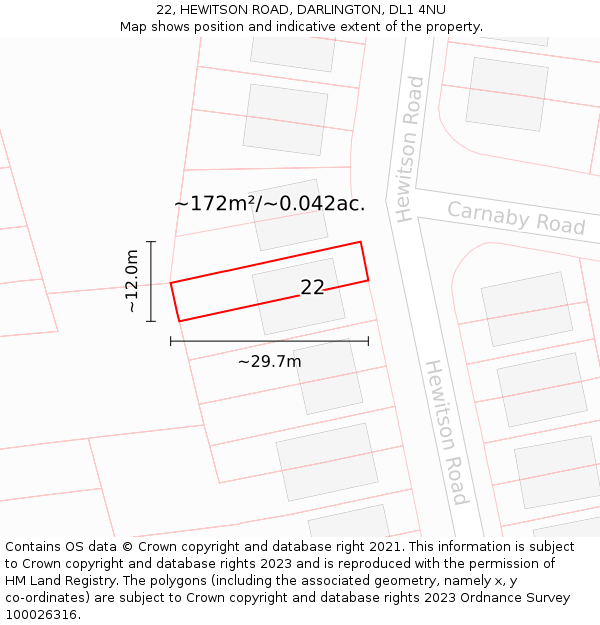 22, HEWITSON ROAD, DARLINGTON, DL1 4NU: Plot and title map