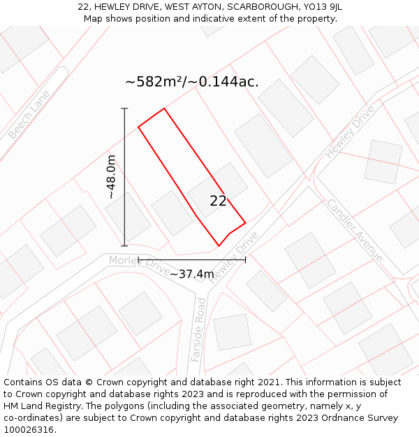 22, HEWLEY DRIVE, WEST AYTON, SCARBOROUGH, YO13 9JL: Plot and title map