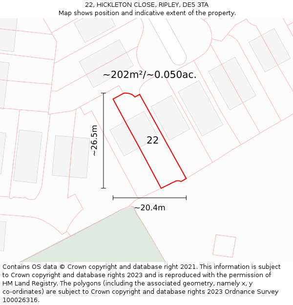 22, HICKLETON CLOSE, RIPLEY, DE5 3TA: Plot and title map