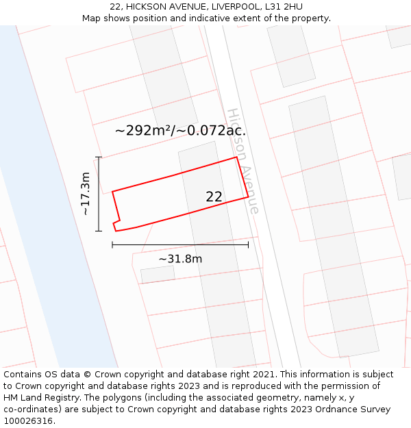 22, HICKSON AVENUE, LIVERPOOL, L31 2HU: Plot and title map