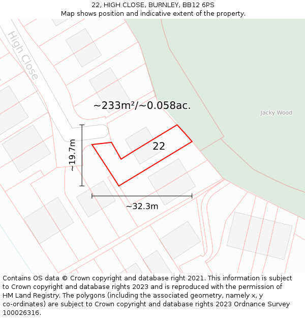 22, HIGH CLOSE, BURNLEY, BB12 6PS: Plot and title map