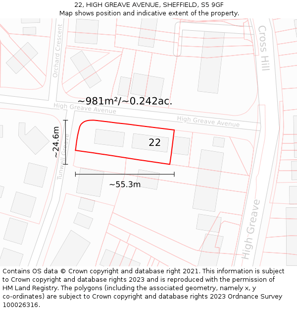 22, HIGH GREAVE AVENUE, SHEFFIELD, S5 9GF: Plot and title map