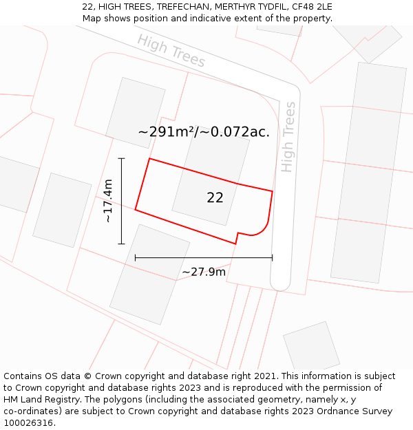 22, HIGH TREES, TREFECHAN, MERTHYR TYDFIL, CF48 2LE: Plot and title map
