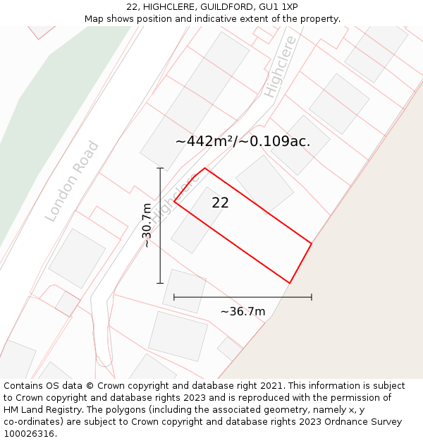22, HIGHCLERE, GUILDFORD, GU1 1XP: Plot and title map
