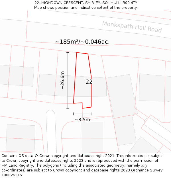 22, HIGHDOWN CRESCENT, SHIRLEY, SOLIHULL, B90 4TY: Plot and title map