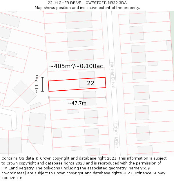 22, HIGHER DRIVE, LOWESTOFT, NR32 3DA: Plot and title map