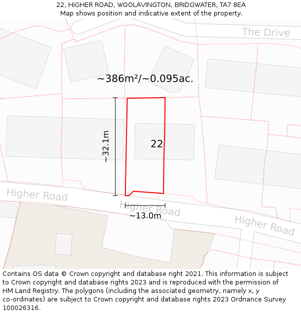 22, HIGHER ROAD, WOOLAVINGTON, BRIDGWATER, TA7 8EA: Plot and title map