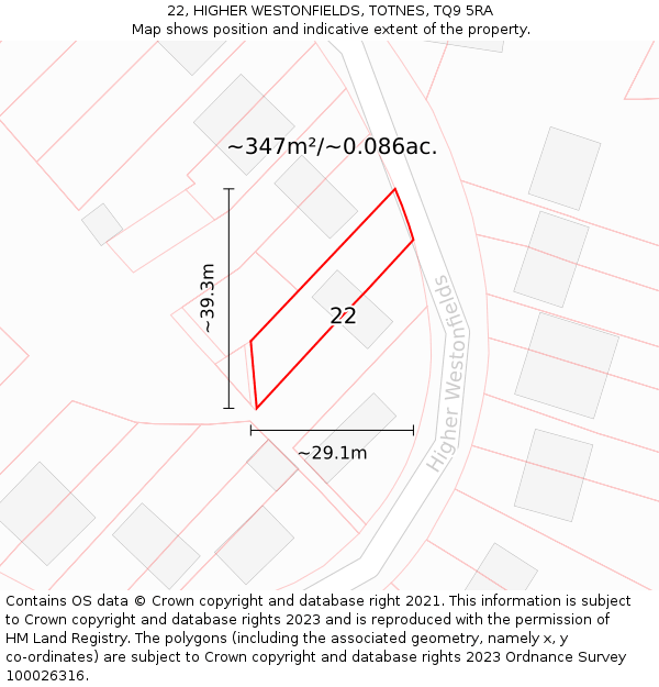 22, HIGHER WESTONFIELDS, TOTNES, TQ9 5RA: Plot and title map