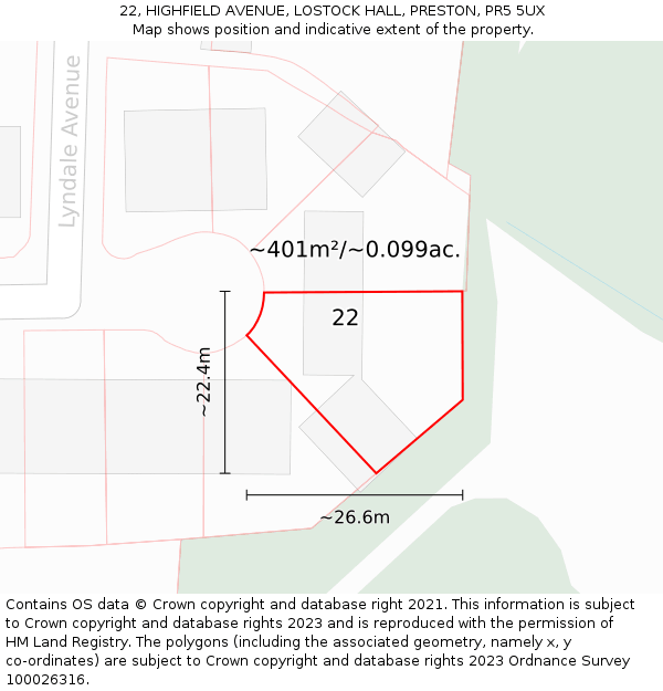 22, HIGHFIELD AVENUE, LOSTOCK HALL, PRESTON, PR5 5UX: Plot and title map