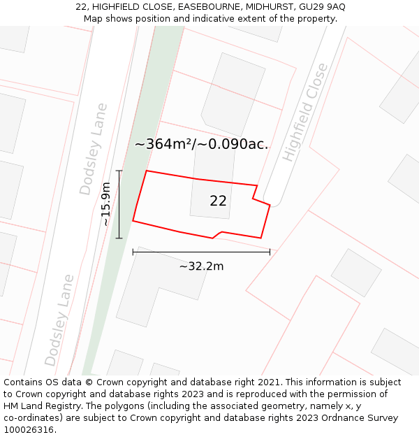22, HIGHFIELD CLOSE, EASEBOURNE, MIDHURST, GU29 9AQ: Plot and title map