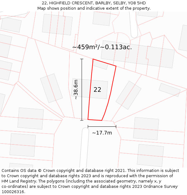 22, HIGHFIELD CRESCENT, BARLBY, SELBY, YO8 5HD: Plot and title map