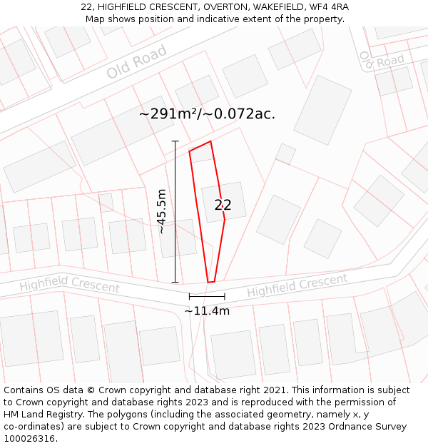 22, HIGHFIELD CRESCENT, OVERTON, WAKEFIELD, WF4 4RA: Plot and title map