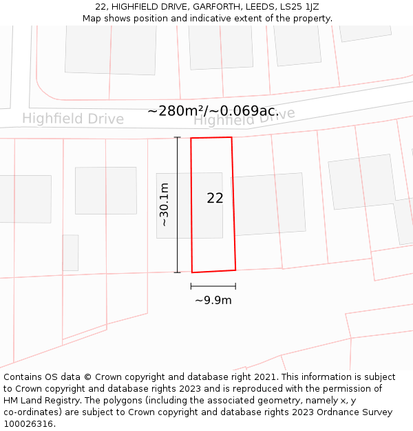 22, HIGHFIELD DRIVE, GARFORTH, LEEDS, LS25 1JZ: Plot and title map