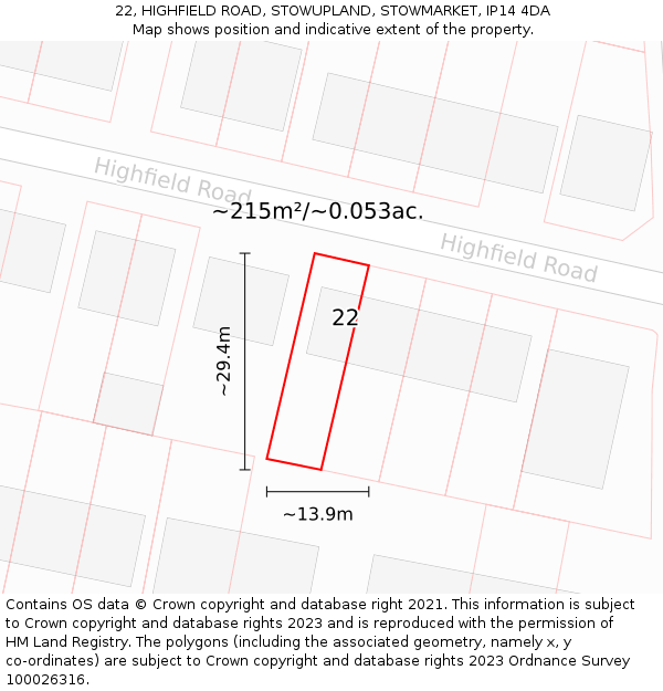 22, HIGHFIELD ROAD, STOWUPLAND, STOWMARKET, IP14 4DA: Plot and title map