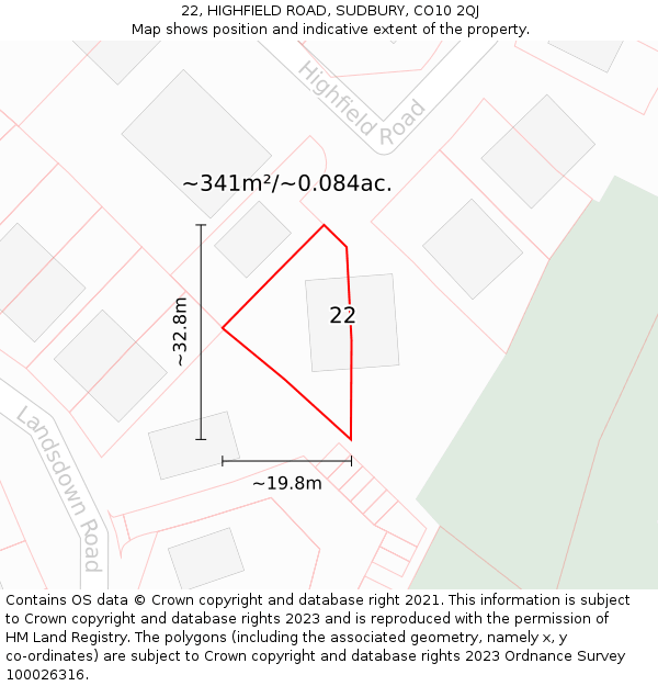 22, HIGHFIELD ROAD, SUDBURY, CO10 2QJ: Plot and title map