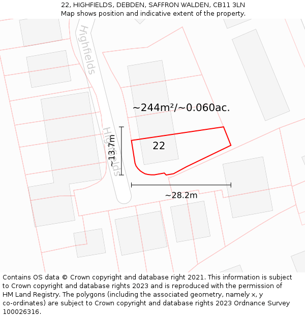 22, HIGHFIELDS, DEBDEN, SAFFRON WALDEN, CB11 3LN: Plot and title map