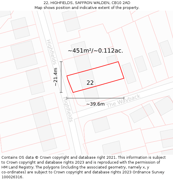 22, HIGHFIELDS, SAFFRON WALDEN, CB10 2AD: Plot and title map