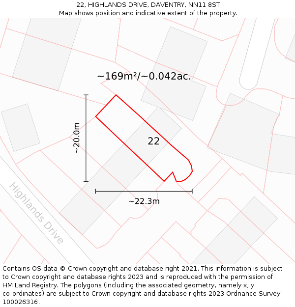 22, HIGHLANDS DRIVE, DAVENTRY, NN11 8ST: Plot and title map