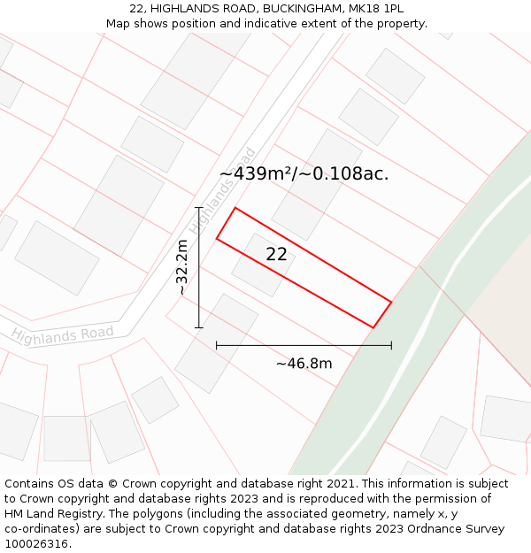 22, HIGHLANDS ROAD, BUCKINGHAM, MK18 1PL: Plot and title map