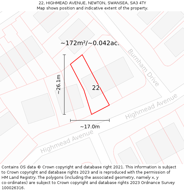 22, HIGHMEAD AVENUE, NEWTON, SWANSEA, SA3 4TY: Plot and title map