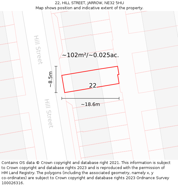 22, HILL STREET, JARROW, NE32 5HU: Plot and title map