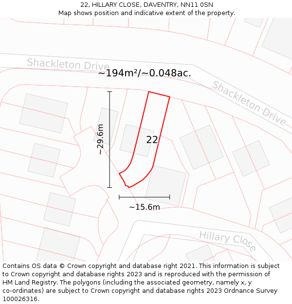 22, HILLARY CLOSE, DAVENTRY, NN11 0SN: Plot and title map