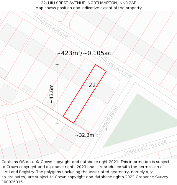 22, HILLCREST AVENUE, NORTHAMPTON, NN3 2AB: Plot and title map