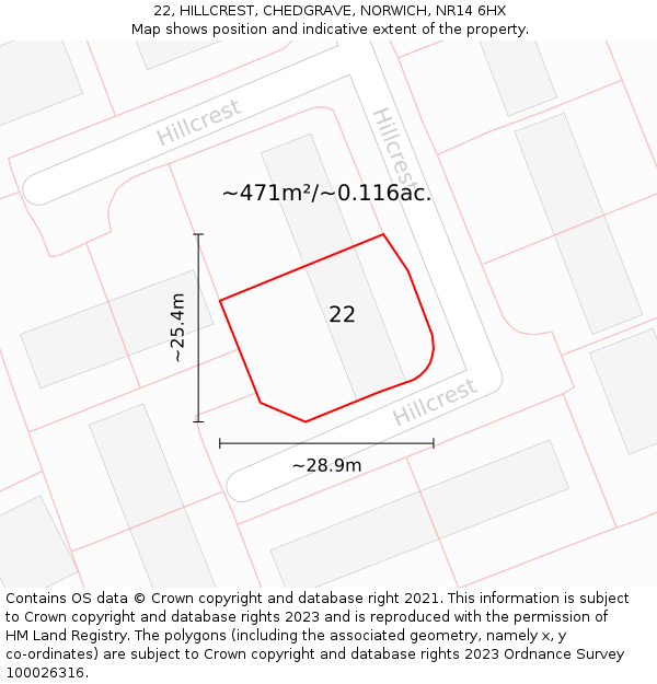 22, HILLCREST, CHEDGRAVE, NORWICH, NR14 6HX: Plot and title map