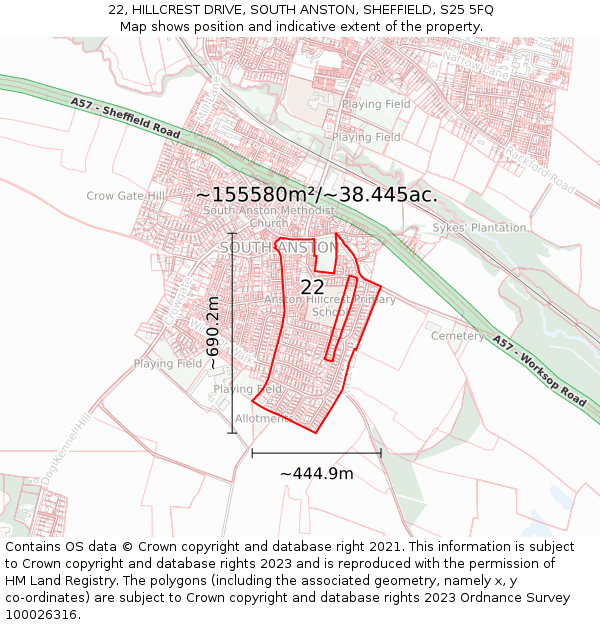 22, HILLCREST DRIVE, SOUTH ANSTON, SHEFFIELD, S25 5FQ: Plot and title map
