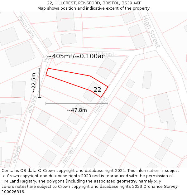 22, HILLCREST, PENSFORD, BRISTOL, BS39 4AT: Plot and title map