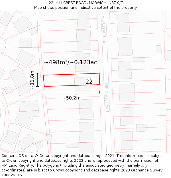 22, HILLCREST ROAD, NORWICH, NR7 0JZ: Plot and title map
