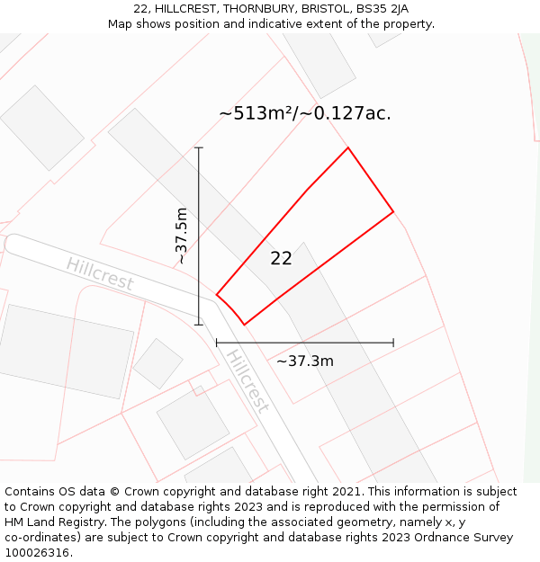 22, HILLCREST, THORNBURY, BRISTOL, BS35 2JA: Plot and title map