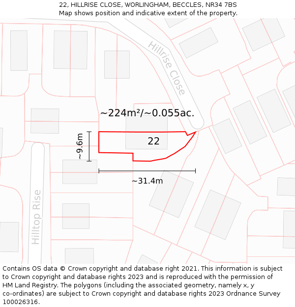 22, HILLRISE CLOSE, WORLINGHAM, BECCLES, NR34 7BS: Plot and title map
