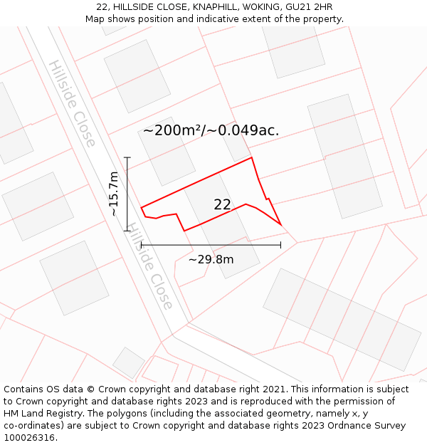 22, HILLSIDE CLOSE, KNAPHILL, WOKING, GU21 2HR: Plot and title map