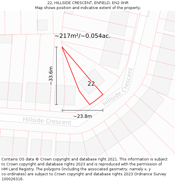 22, HILLSIDE CRESCENT, ENFIELD, EN2 0HR: Plot and title map