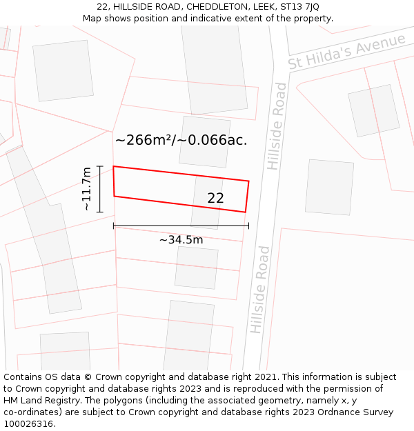 22, HILLSIDE ROAD, CHEDDLETON, LEEK, ST13 7JQ: Plot and title map