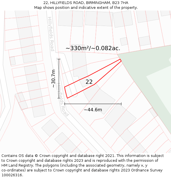 22, HILLYFIELDS ROAD, BIRMINGHAM, B23 7HA: Plot and title map