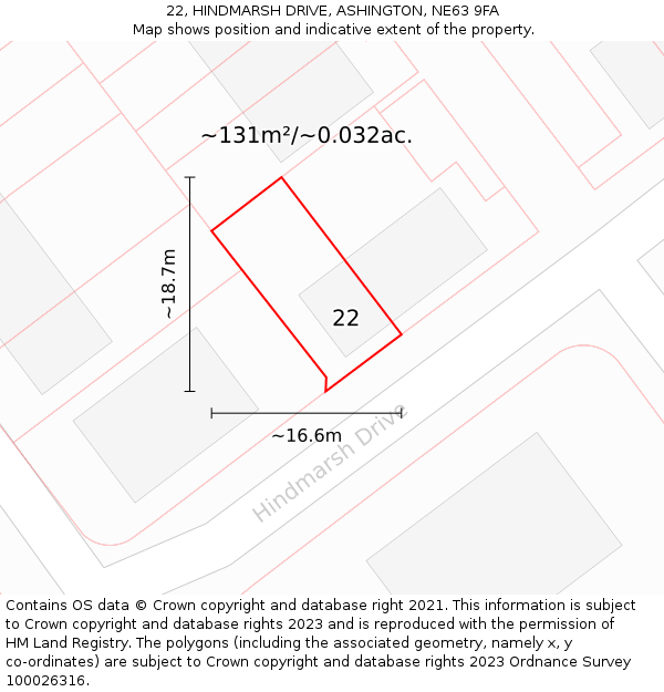22, HINDMARSH DRIVE, ASHINGTON, NE63 9FA: Plot and title map