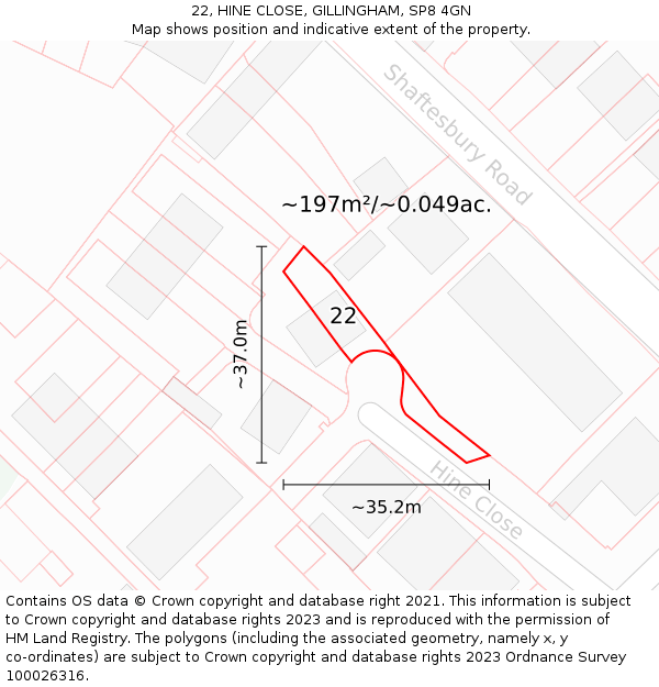 22, HINE CLOSE, GILLINGHAM, SP8 4GN: Plot and title map