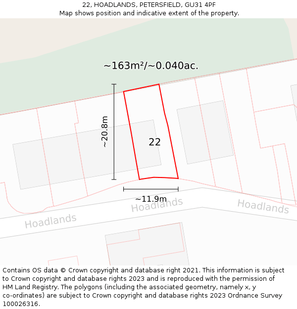 22, HOADLANDS, PETERSFIELD, GU31 4PF: Plot and title map